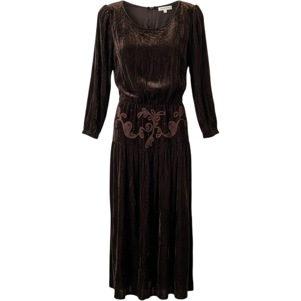 Donna Morgan Dress Women 3/4 Brown Vtg Crushed Velvet Embroidered Midi Festival